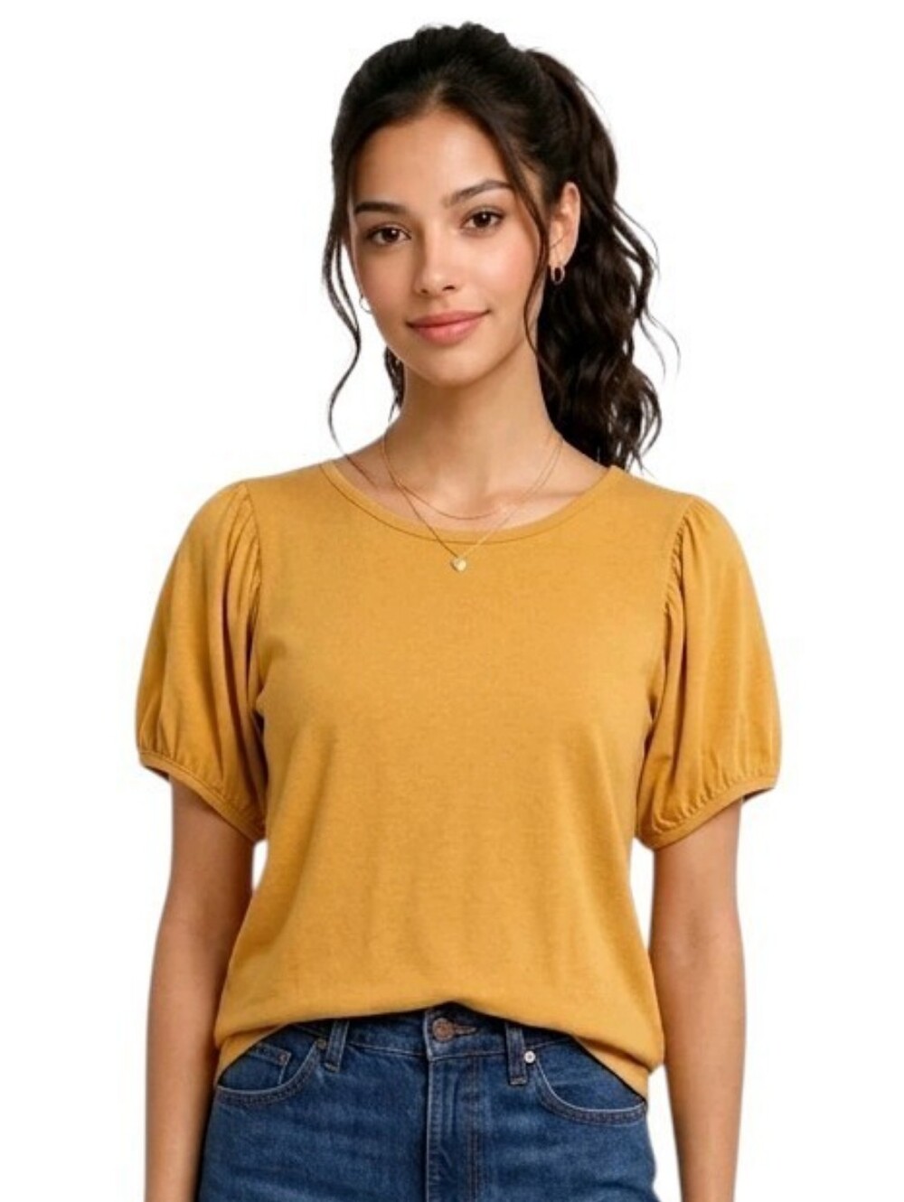 Gap Mustard Puff Sleeve 100% Cotton Scoop Neck Top Size S